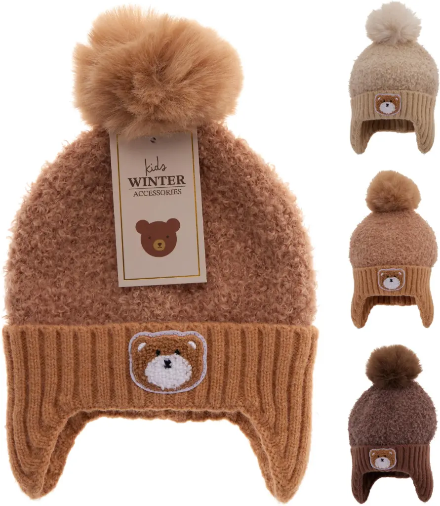 BEANIE KNITTED W POMPOM 3ASS